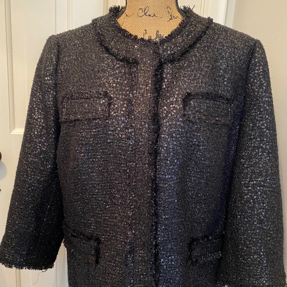 Women's Chanel Style Black Jacket. Fringed Neck, Front, Pockets. Chico's S 2